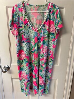 Lilly Pulitzer Etta V neck dress tropical print pom-pom trim women’s size XXL